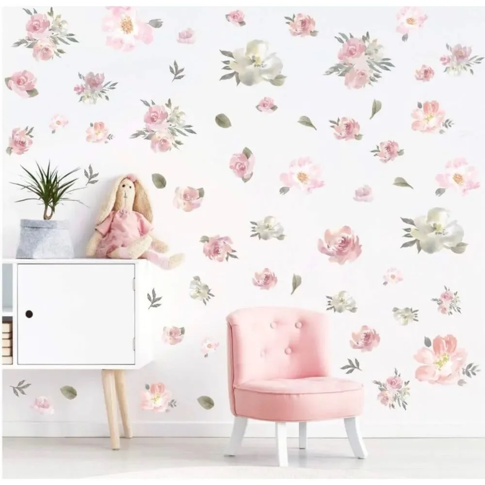 Toarti Vinyl Wall Decals Pink Poppy Roses Flowers Leaves Peel & Stick Decor (54)
